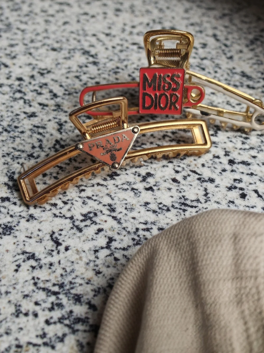 Dior Pink & Gold Hair Clip w/ Prada Logo Clip. Metal Hair Claws For Tight Hold